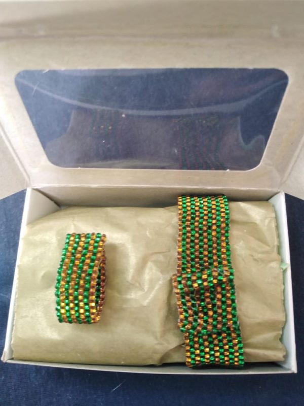 Bracelet Set Green Packaged A handcrafted beaded gold and green bracelet and ring set featuring Czech glass beads. The ring circumference is about 7cm and bracelet length is about 18cm.