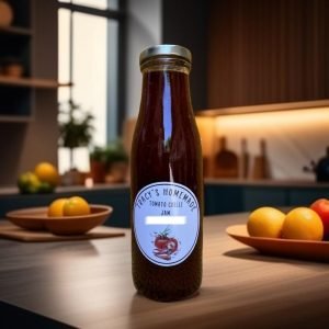 03d5a5eb8939478ca2eda8cc744db8c9~tplv-tnf8g33v4j-image A glass jar filled with thick red jam speckled with chili peppers. A label reads "Tracy's Homemade Tomato Chili Jam, South Africa