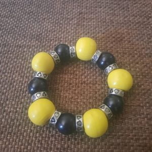 Bumble Bee Bracelet - Unique design with black glass and yellow wooden beads, silver sliders.