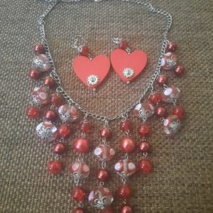 Crazy Heart Necklace Set - Red glass beads, wine-colored pearl beads, silver sliders, heart-shaped beads with crystal embellishments.