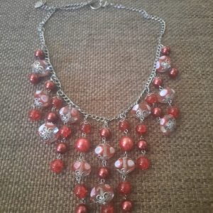 Crazy Heart Necklace Set - Red glass beads, wine-colored pearl beads, silver sliders, heart-shaped beads with crystal embellishments.