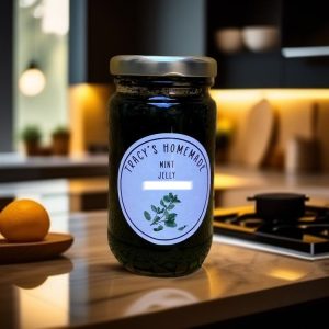 8c78a33eed794b6c9908b47e8a6056a3~tplv-tnf8g33v4j-image A glass jar filled with cloudy green jelly. A label reads "Tracy's Homemade Mint Jelly, South Africa".