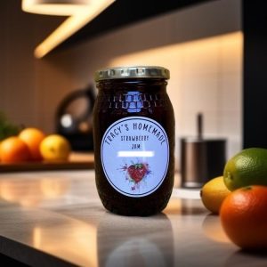 95070353315942f1b044a9aafcc889d6~tplv-tnf8g33v4j-image A glass jar filled with bright red jam. A label reads "Tracy's Homemade Strawberry Jam, South Africa".