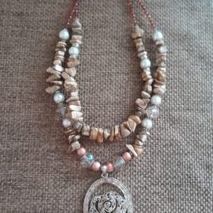 Natural Stone and Glass Bead Rose Pendant Necklace Set - Handcrafted jewelry ensemble with stone beads, white pearls, clear crystals, pink pearls, and a rose pendant with crystal embellishments.