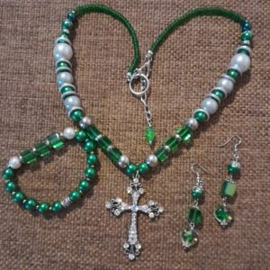 Emerald Green Cross Pendant Necklace Set - Handcrafted jewelry set with white and emerald green pearl beads, green crystal cylinder beads, silver sliders, and a silver crystal encrusted cross pendant by RSart in South Africa.