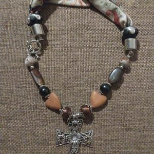 Cross Scarf Necklace - Handcrafted jewelry with clay beads, silver sliders, and a silver cross accent piece for stylish comfort.