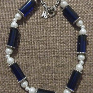 Cylinder and Blocks Royal Blue Necklace Set - Featuring royal blue cylinder beads, white pearl beads, silver spacers, and matching bracelet and earrings.