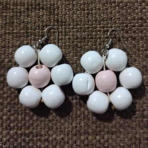 Soft Pink Wooden Bracelet Set 2 Pink and White Wooden Flower Earrings - Handcrafted by RSart in South Africa, featuring red and white wooden beads in a floral design.