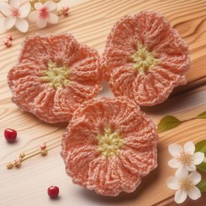 A close up photo of multiple crocheted cotton applique flowers arranged on a table. Flowers range in color from pale pink to cream to blush.