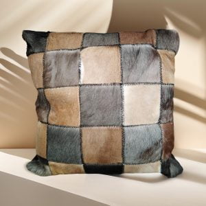 Genuine Springbok and Cow Skin Patch Pillow - Handmade pillow with alternating Springbok and Cow skin patches, ideal for rustic cabin decor.