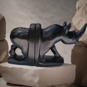 Handmade Rhino Stone Bookends - Unique bookends symbolizing the spirit of Africa, individually carved by the artist, 15-20cm high.