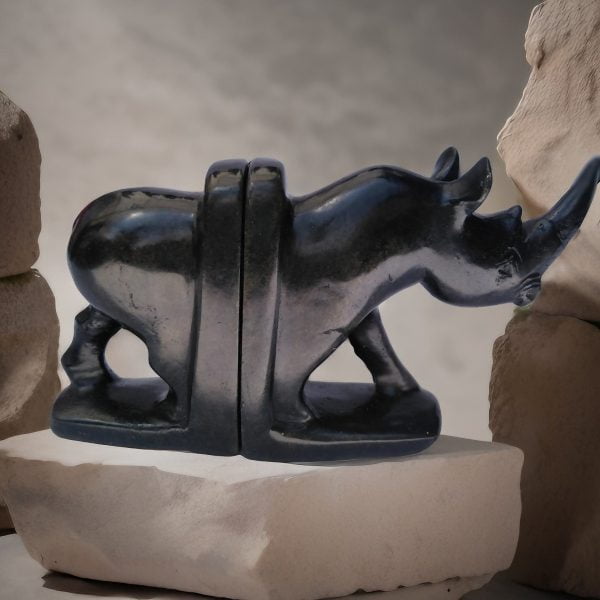 Handmade Rhino Stone Bookends - Unique bookends symbolizing the spirit of Africa, individually carved by the artist, 15-20cm high.