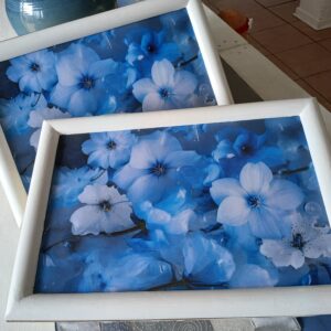 White Framed Lap Tray with Blue Flowers on a White Background