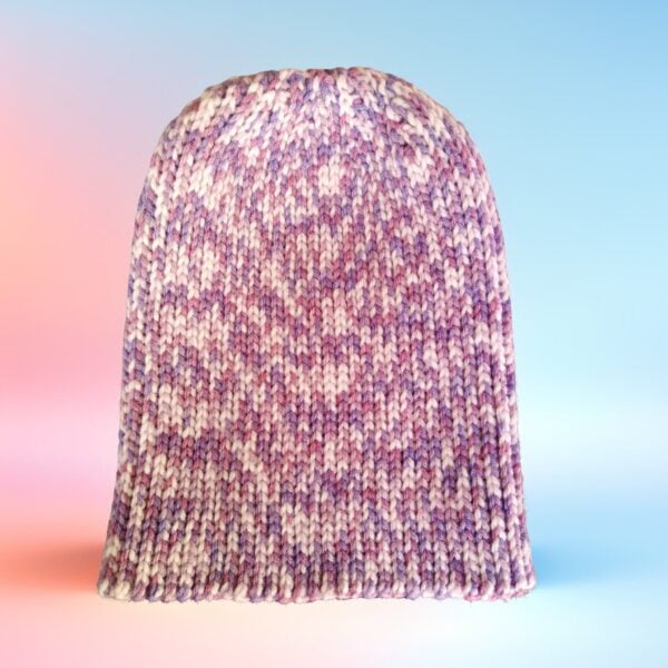 Bosnian Crocheted Purple Variant Beanie Adult Size Bosnian Crocheted Purple Variable Colour Beanie, unfolded, showcasing the full length and beautiful patterns created by the variable colours.