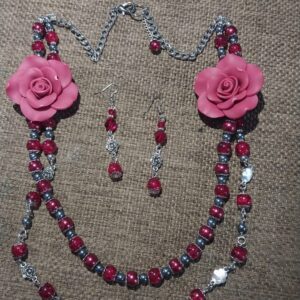 Red Rose Necklace with Matching Earrings